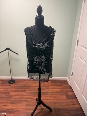 Covington Black Sheer Floral Cowl Neck Tank